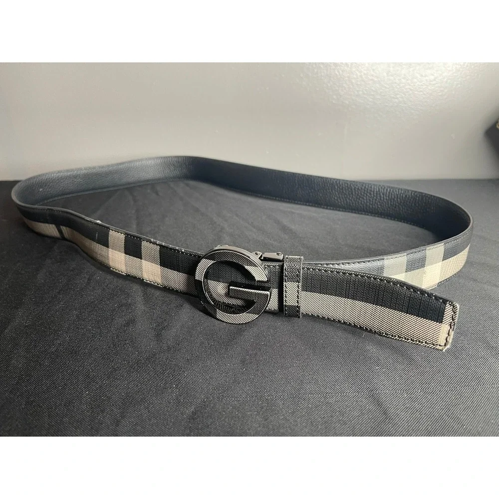 Mens Checkered Ratchet Belt Black Tan Plaid G Logo Automatic Buckle 48 Inch